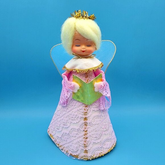 Vintage Pink Lace Angel Tree Topper Gold Halo Tulle Wings Foil Hymn Book 1960s - Picture 2 of 10
